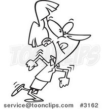 Cartoon Black and White Line Drawing of a Business Woman Making an Exit by Toonaday