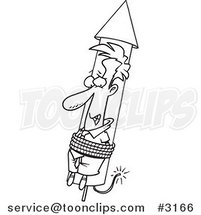 Cartoon Black and White Line Drawing of a Business Man Shooting off with a Rocket by Toonaday