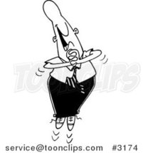 Cartoon Black and White Line Drawing of a Gleeful Business Man Jumping by Toonaday