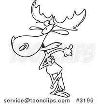 Cartoon Black and White Line Drawing of a Happy Dancing Moose by Toonaday