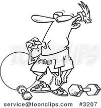 Cartoon Black and White Line Drawing of a Guy Bingeing Instead of Exercising by Toonaday