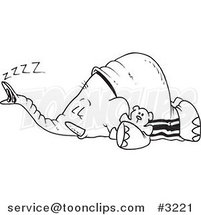 Cartoon Black and White Line Drawing of a Sleeping Elephant by Toonaday