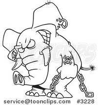 Cartoon Black and White Line Drawing of an Evil Elephant Carrying a Chain by Toonaday