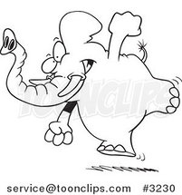 Cartoon Black and White Line Drawing of a Running Elephant by Toonaday