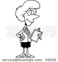 Cartoon Black and White Line Drawing of a Female Executive Holding a Clipboard by Toonaday