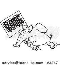 Cartoon Black and White Line Drawing of an Elephant Carrying a Vote Sign by Toonaday