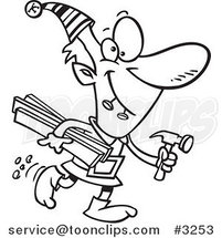 Cartoon Black and White Line Drawing of a Christmas Elf Carrying Lumber and a Hammer by Toonaday