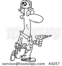 Cartoon Black and White Line Drawing of a Electrician Carrying a Drill by Toonaday