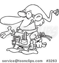 Cartoon Black and White Line Drawing of a Christmas Elf Handy Guy by Toonaday
