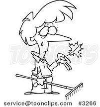 Cartoon Black and White Line Drawing of a Sad Lady Raking Autumn Leaves by Toonaday