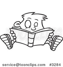 Cartoon Black and White Line Drawing of an Enthralled Boy Reading a Book by Toonaday