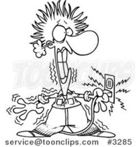 Cartoon Black and White Line Drawing of an Electrician Being Electrocuted by Toonaday
