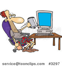 Cartoon Guy Holding a Coffee Mug Upside down in Front of a Computer by Toonaday