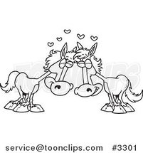 Cartoon Black and White Line Drawing of a Horse Pair in Love by Toonaday