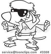 Cartoon Black and White Line Drawing of an Elvis Impersonator Dog Dancing by Toonaday