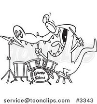 Cartoon Black and White Line Drawing of a Drummer Gator by Toonaday