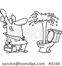 Cartoon Black and White Line Drawing of a Plumber Admiring a Geyser in a Toilet by Toonaday