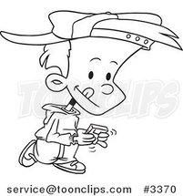 Cartoon Black and White Line Drawing of a Boy Walking and Playing a Video Game by Toonaday