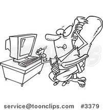 Cartoon Black and White Line Drawing of a Stressed Business Man with a Computer Problem by Toonaday