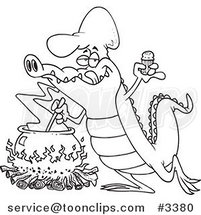 Cartoon Black and White Line Drawing of a Gator Making Soup by Toonaday
