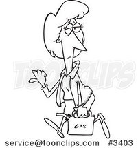 Cartoon Black and White Line Drawing of a Lady Hitch Hiking with a Gas Can by Toonaday