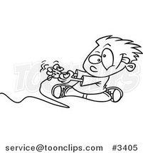 Cartoon Black and White Line Drawing of a Boy Playing a Video Game with a Controller by Toonaday