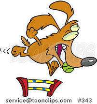 Cartoon Dog Catching a Ball and Leaping a Hurdle in an Agility Course by Toonaday