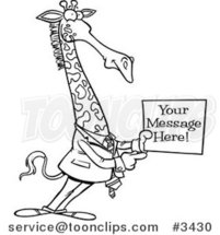 Cartoon Black and White Line Drawing of a Giraffe Business Man Holding a Sign with Sample Text by Toonaday