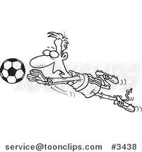 Cartoon Black and White Line Drawing of a Soccer Goalie Leaping Towards a Ball by Toonaday