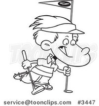 Cartoon Black and White Line Drawing of a Golfing Boy by Toonaday