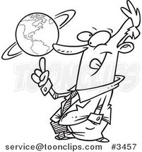 Cartoon Black and White Line Drawing of a Business Man Spinning a Globe by Toonaday