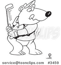 Cartoon Black and White Line Drawing of a Golfing Bear by Toonaday