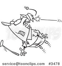 Cartoon Black and White Line Drawing of a Golfer Getting Hit with a Ball by Toonaday