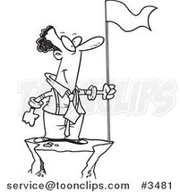 Cartoon Black and White Line Drawing of a Black Business Man with a Flag on Top of a Mountain by Toonaday