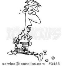 Cartoon Black and White Line Drawing of an Exhausted Golfer by Toonaday
