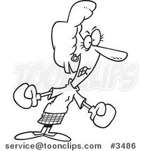 Cartoon Black and White Line Drawing of a Business Woman Boxing by Toonaday