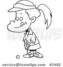Cartoon Black and White Line Drawing of a Little Girl Golfing by Toonaday