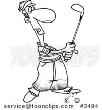 Cartoon Black and White Line Drawing of a Golfer Barely Knocking the Ball off the Tee by Toonaday