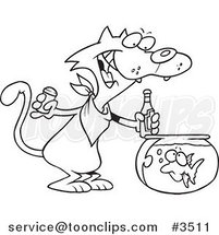 Cartoon Black and White Line Drawing of a Cat Seasoning a Goldfish with Ketchup by Toonaday