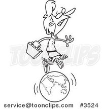 Cartoon Black and White Line Drawing of a Business Woman Running on a Globe by Toonaday