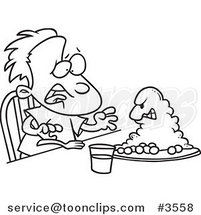 Cartoon Black and White Line Drawing of a Monster Emerging from a Boy's Dinner Plate by Toonaday