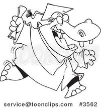Cartoon Black and White Line Drawing of a Hippo Graduate Running by Toonaday