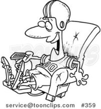 Cartoon Coloring Page Line Art of a Football Fan Watching TV in an Arm Chair by Toonaday