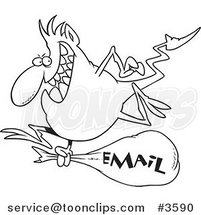 Cartoon Black and White Line Drawing of a Blue Gremlin with an Email Bag by Toonaday