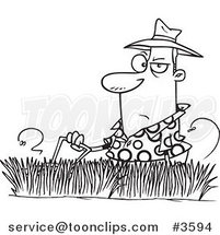 Cartoon Black and White Line Drawing of a Guy Mowing Tall Grass by Toonaday