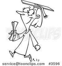Cartoon Black and White Line Drawing of a Female College Graduate Walking by Toonaday