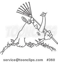Cartoon Coloring Page Line Art of a Rhino Holding a Rake in a Pile of Leaves by Toonaday
