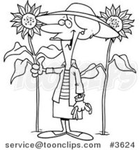 Cartoon Black and White Line Drawing of a Green Thumb Lady in Her Sunflower Gardener by Toonaday