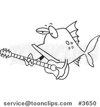 Cartoon Black and White Line Drawing of a Fish Guitarist by Toonaday