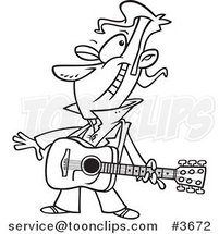 Cartoon Black and White Line Drawing of a Winking Guitarist by Toonaday